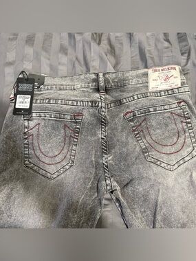 True Religion Gray Acid Wash Jeans with Red Stitching Detail